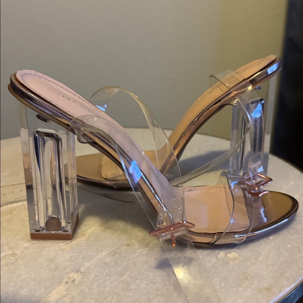 Elegant Clear Strap Gold Heels Sz 8